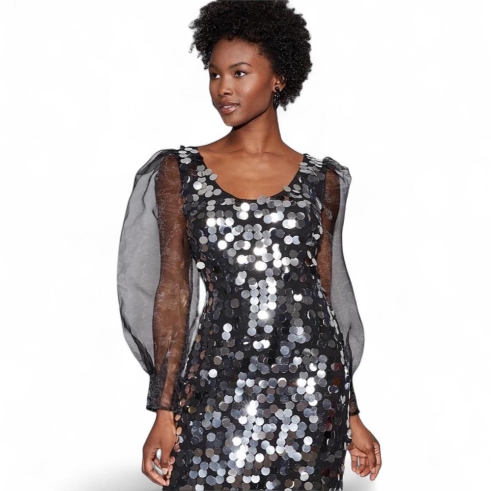 NWT New York & Company Sequin Sheath Dress - Gabrielle Union Silver Black MEDIUM
